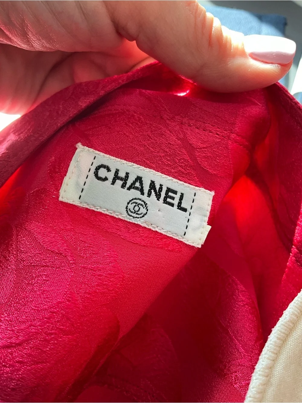 CHANEL Vintage 3 Pc Red Silk Floral Jacquard Pantsuit Set Jacket Top Pants XS/S